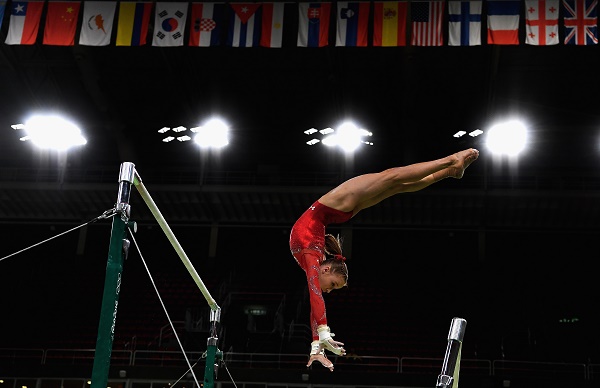 RIO DE JANEIRO, BRAZIL - AUGUST 04: Madison Kocian of USA practices on the uneven bars during Artistic Gymnastics training session at Rio Olympic Arena on August 4, 2016 in Rio de Janeiro, Brazil.  (Photo by Laurence Griffiths/Getty Images)