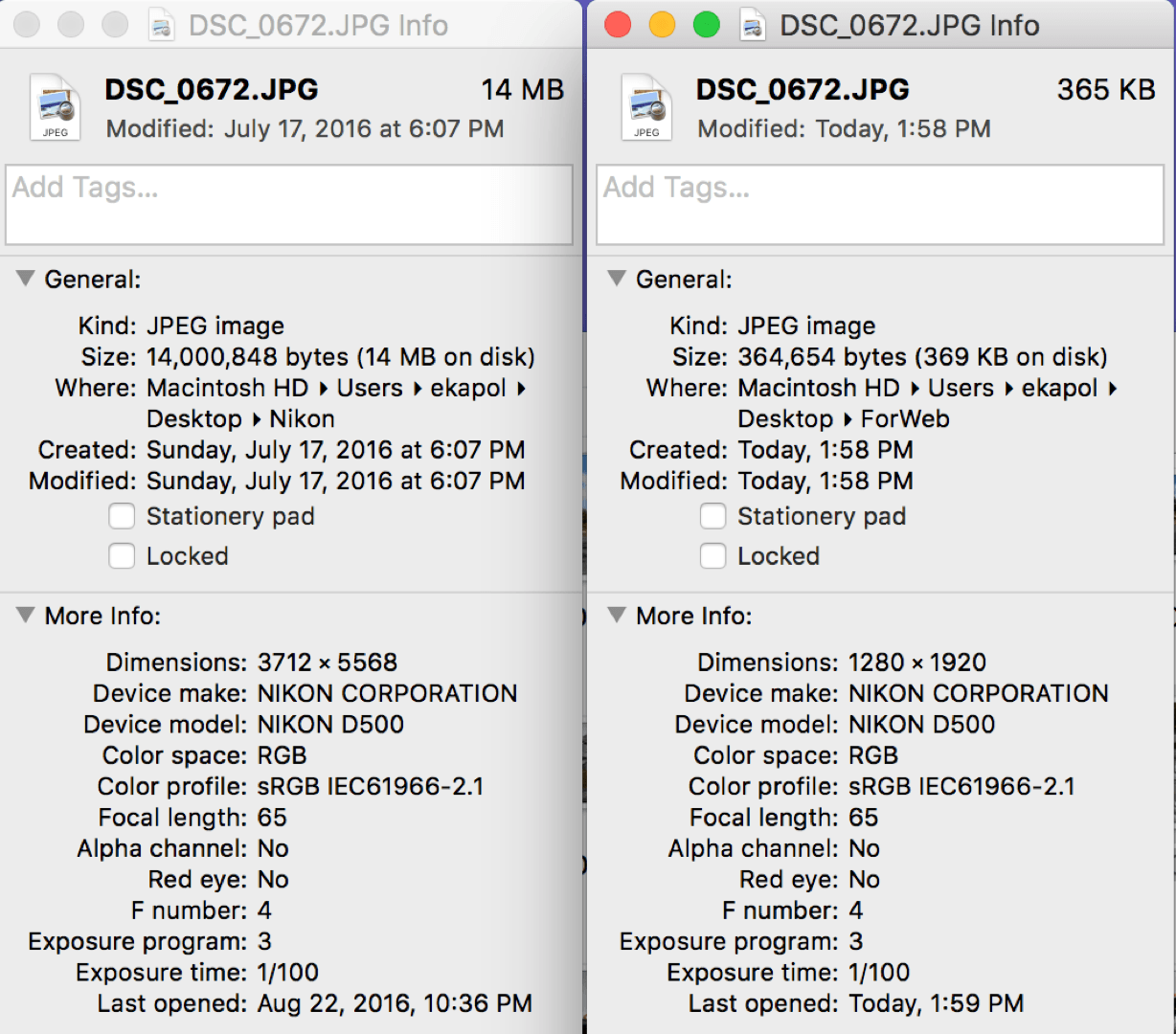 หน้าต่างซ้ายไฟล์ต้นฉบับใหญ่ 14 MB หน้าต่างขวา ไฟล์ที่ผ่านสคริปชุดนี้แล้ว เหลือแค่ราวๆ 400 KB ที่ทั้งย่อภาพและลดขนาดภาพด้วยการสั่งครั้งเดียว