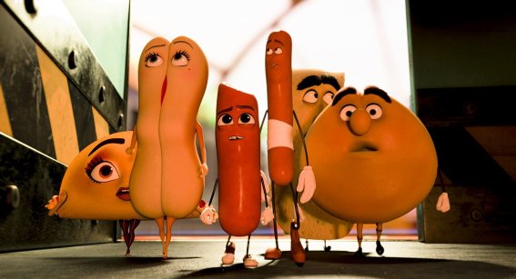 Teresa (Salma Hayek), Brenda (Kristen Wiig), Barry (Michael Cera), Frank (Seth Rogen), Lavash (David Krumholtz) and Sammy (Edward Norton) in Columbia Pictures' SAUSAGE PARTY.