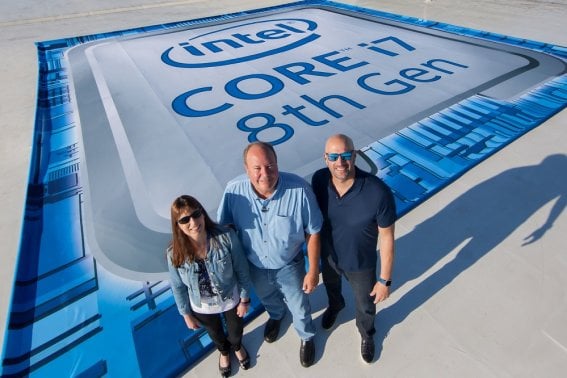 Karen Regis (from left), Jim Johnson and and Gregory Bryant unveil the 8th Gen Intel® Core™ processor family during a livestream event on Aug. 21, 2017, in Hillsboro, Oregon. (Credit: Intel Corporation)