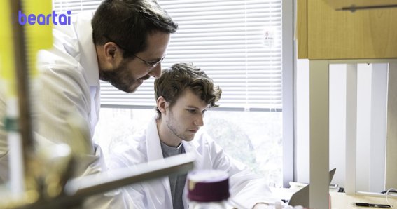 Jason S. McLellan, associate professor of molecular biosciences, left, and graduate student Daniel Wrapp, right, work in the McLellan Lab at The University of Texas at Austin Monday Feb. 17, 2020.