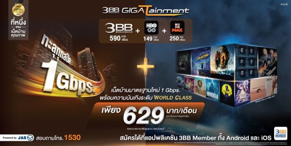 3BB GIGATainment เน็ตบ้านเร็ว 1 Gbps รองรับ Work From Home พร้อมช่อง HBO ราคาแค่ 629 บาท