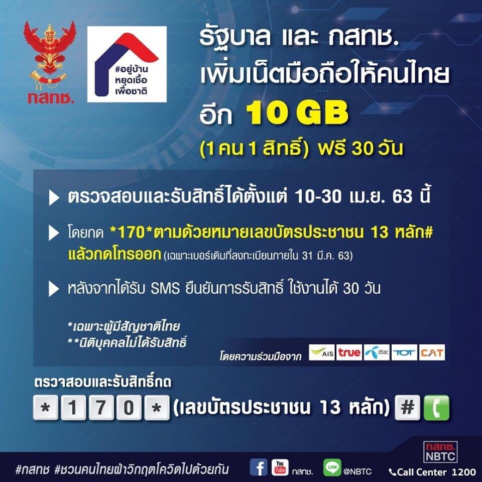 หมดเขตกดรับสิทธิ์เพิ่มเน็ตมือถือ 10 GB ในวันที่ 30 เมษยาน