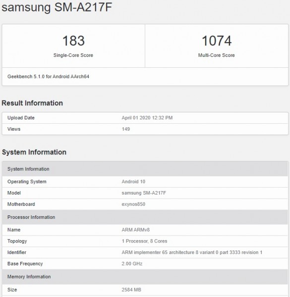 รุ่นเล็ก Samsung Galaxy A21s โผยทดสอบ Benchmark : มาพร้อมชิป Exynos 850