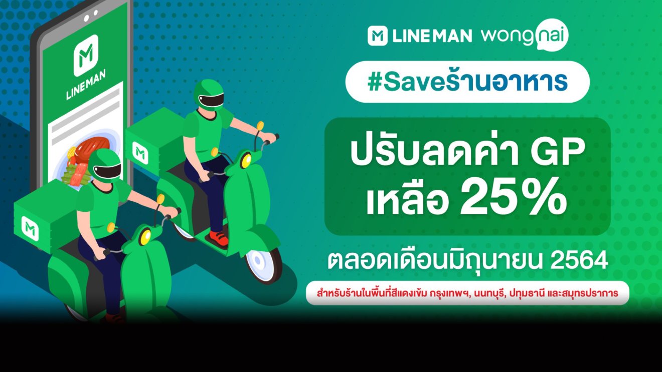 LINE MAN Wongnai ลดค่า GP เหลือ 25% ช่วยเหลือร้านอาหาร ใน 4 จังหวัดพื้นที่สีแดงเข้มในเขตปริมณฑล