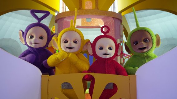 Teletubbies (L to R) Jeremiah Krage as Tinky Winky, Rebecca Hyland as Laa-Laa, Rachelle Beinart as Po, and Nick Kellington as Dipsy in Teletubbies. Cr. COURTESY OF NETFLIX © 2022