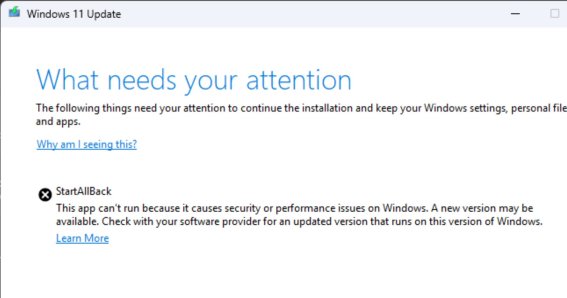 พบ Windows 11 ไม่อนุญาตให้อัปเดตเวอร์ชัน หากติดตั้ง “StartAllBack”