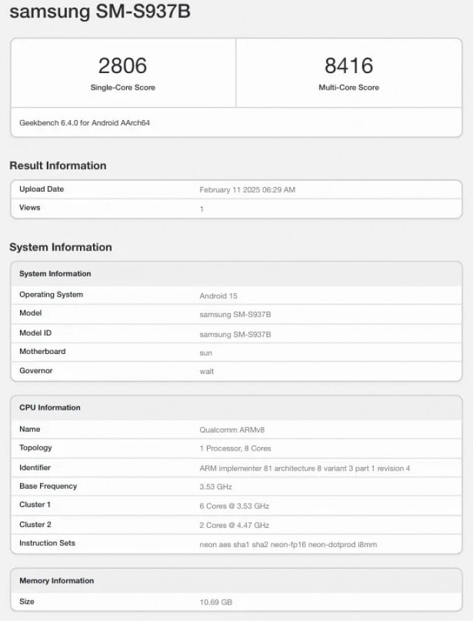 Geekbench Samsung Galaxy S25 Edge